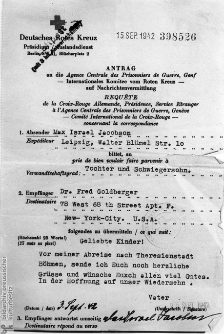 Deportation to Theresienstadt: Air Mail Communication Sent through the Foreign Service of the German Red Cross (September 15, 1942)